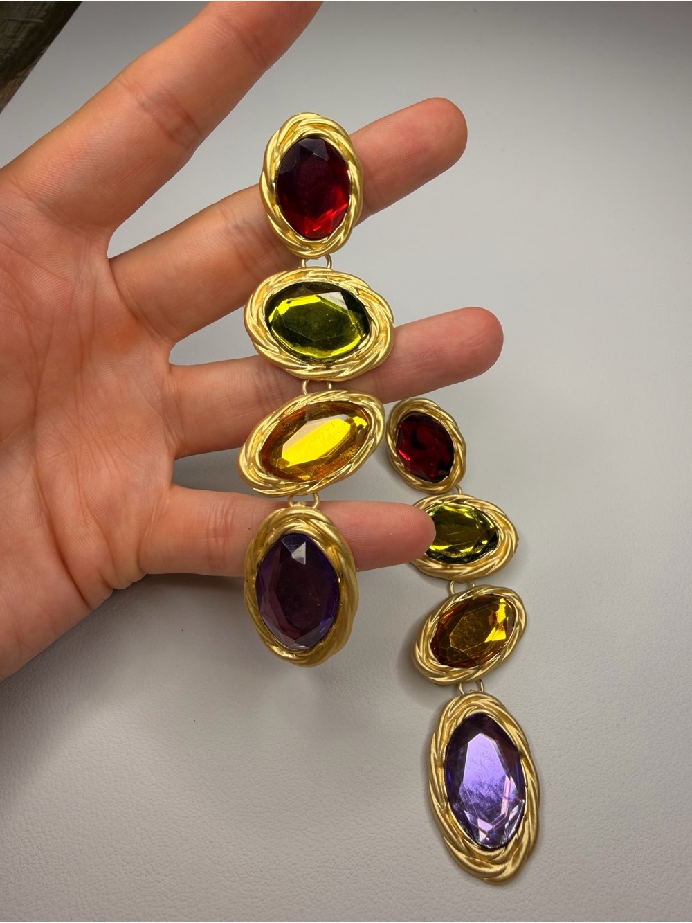 Goldtone Drop Earrings with Red, Yellow, Orange & Purple Stones - Picture 5 of 9
